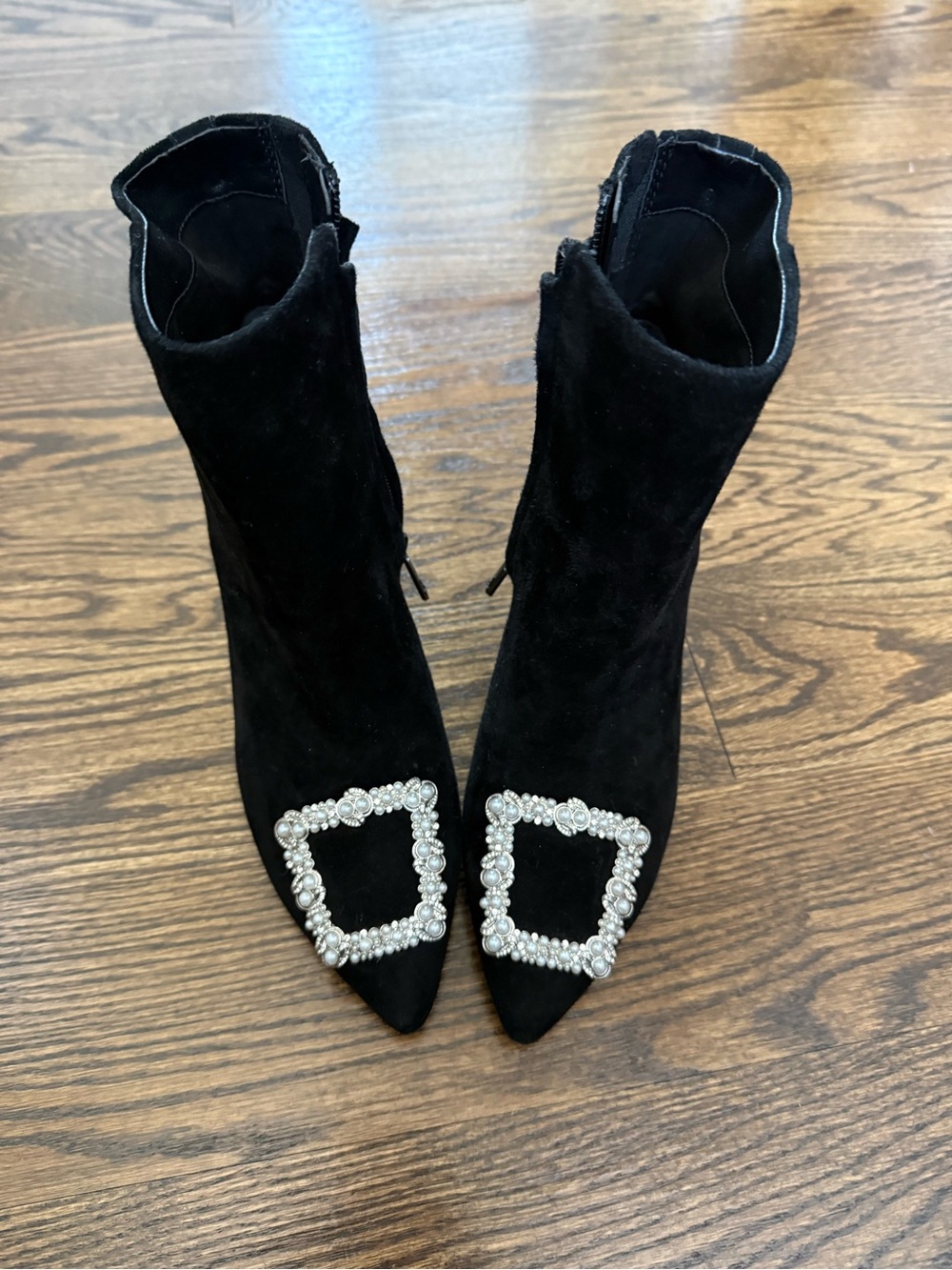 Sam Edelman Black Suede Pointed Toe Ankle Boots with Crystal Square Buckle